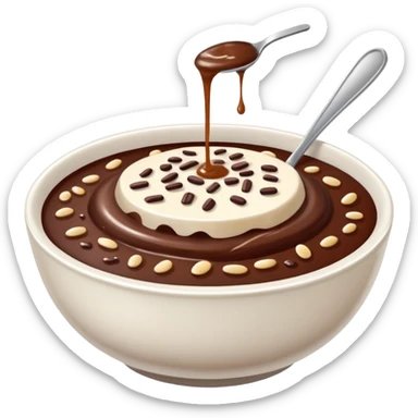 realistic emoji of champorado, showing a bowl with rich chocolate porridge, visible rice grains, and a drizzle of condensed milk, photorealistic details sticker