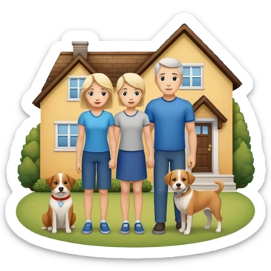 a mom and dad standing in front of a house with their son and a dog next to them sticker