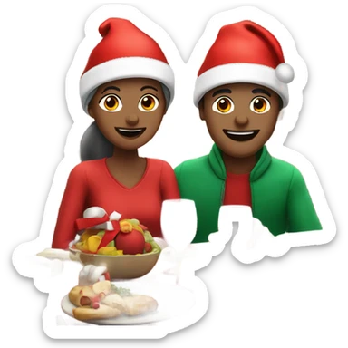 Sports emoji couple, man and woman in sportswear, sitting at the New Year's dinner table with a red Christmas hat sticker