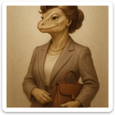 confident, elegant lizard woman with anthropomorphic features, mature and nurturing vibe, chic hairstyle, holding a purse, sophisticated outfit, friendly demeanor sticker