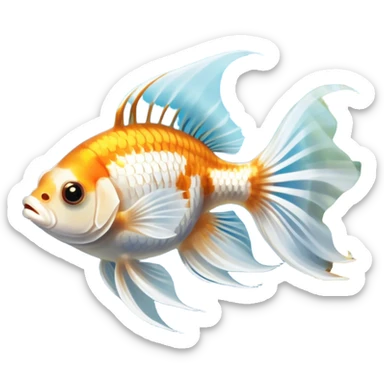Large aquarium fish like veil tails and lionhead goldfish swimming gracefully in a beautifully decorated aquarium. Colorful aquatic plants, smooth rocks, and gentle bubbles surround the fish. The water shimmers in sunlight, creating a peaceful and vibrant underwater scene. Transparent background. sticker