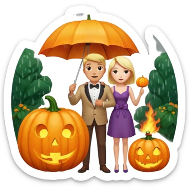 Make a guy hugging a giant pumpkin with a fork in his right hand while there's fire while there's a lady watching while it's raining while there's an umbrella on the ground that's alive and the sun has a bow tie on his neck sticker