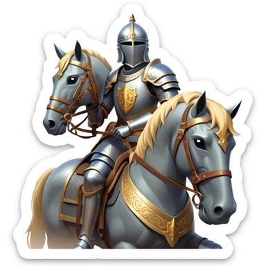 clash-of-clans-aesthetic_-cinematic-fearsome-and-majestic-knight-bust-portrait-emoji, rendered in a flat, vector-style with minimal shading and bold, simplified shapes, depicting a battle-ready medieval knight with steely eyes and intricate armor, mounted on a warhorse reflecting sunlight over a misty battlefield. sticker