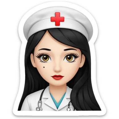 Nurse, long hair,black hair, black eyes, false eyelashes, makeup, eyeliner,  sticker