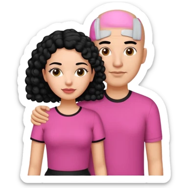 A picture if a couple. the man is a Mexican man with  black hair, a bald hair cut and black shirt on. the woman is mixed with black and white, with curly shoulder length hair and a pink shirt on sticker