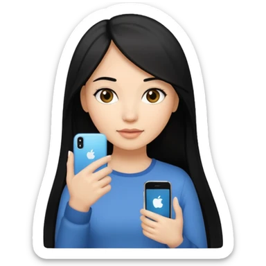 Light-skinned woman with long, straight, black hair holding an iPhone in her right hand sticker