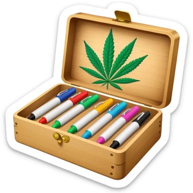 a box of colorful permanent markers with cannabis leaf sticker