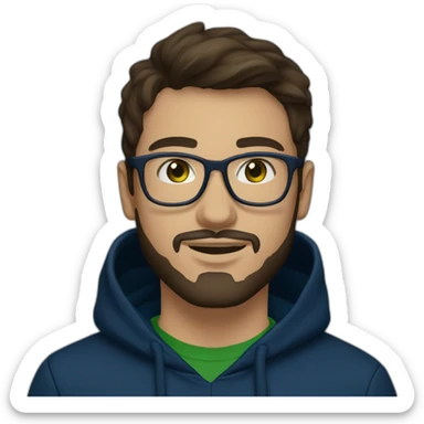 guy 26y.o., white glasses, with a little beard, dark brown hair, dark green eyes in dark blue hoody sticker