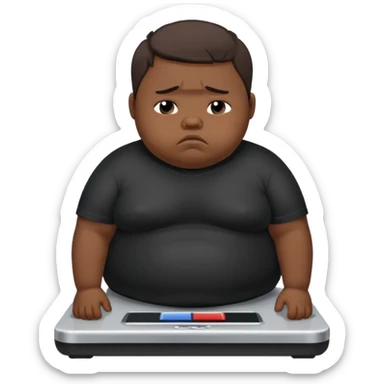 sad fat young boy in black t shirt on weight scale crying because sadness sticker