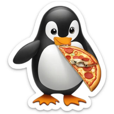 Penguin eating pizza and a root beer sticker