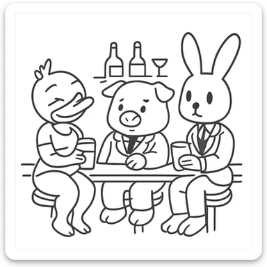 Replace the original characters with three new characters: a duck, a pig, and a rabbit in a cute bar scene. The style should be simple line art with no fill, ideal for children to color. The scene should be adorable and suitable for coloring. sticker