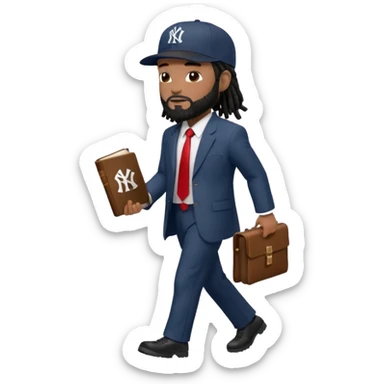 African American man with shoulder length black dreadlocks with black beard wearing a New York Yankees logo baseball cap wearing a suit with red tie walking to the right holding a bible sticker