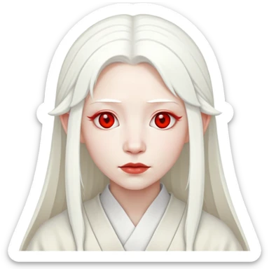 forty year old albino shrine maiden with white hair, red eyes, and pale face sticker