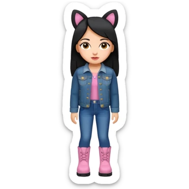 Gordita, ojos pequeños de color cafe oscuro, labios pequeños y rosados, piel trigueña, orejas pequeñas, cabello largo lazio y negro, pequeña. cuerpo completo. vestida con saco jean y botas sticker