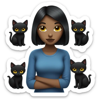 girl with black hair with blues eyes holding a black cat with yellow eyes sticker