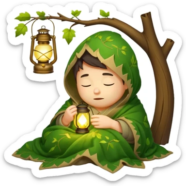 sleepy forest character wrapped in leaf blanket holding glowing lantern half asleep sticker