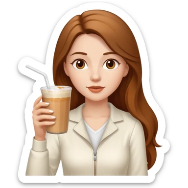 white long haired brunette with brown eyes and a white outfit, drinking a caramel machiatto sticker
