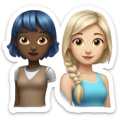 three girls: two with brown skin and brown hair and the third one with pale skin brown hair with two blue lines in the sides and baby bangs  sticker