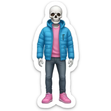 skeleton friendly in a blue winter jacket with pink shoes and without a hood and a grey undershirt sticker