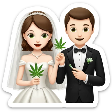 Bride in white dress and groom in tuxedo sharing a cannabis joint, cheerful cartoon wedding couple sticker
