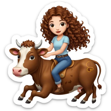 cute woman long curly brown hair tattoos riding gentle cow sticker