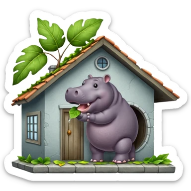 hippo eating a leaf gutter from a house  sticker