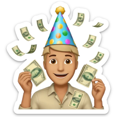 a man celebrating with money flying around him, symbolizing making $5000 sticker