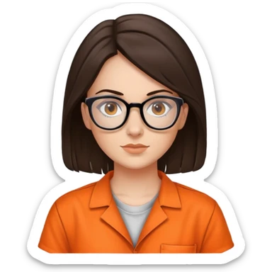 female brunette prisoner with glasses in a orange jumpsuit mugshot sticker