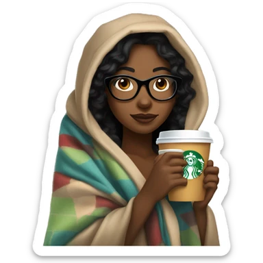 black hair girl with glasses inside a blanket sipping starbucks coffee sticker