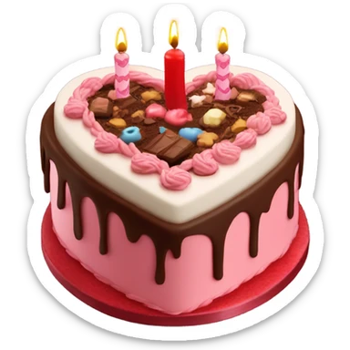 Red heart shaped birthday cake and chocolate sticker