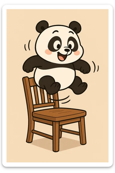 cartoon style panda bouncing on a dining chair to test its strength, simple background, fun and lighthearted sticker