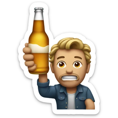 man with crazy face holding a beer bottle and a pint sticker
