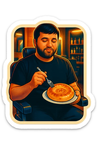 "A man wearing a black shirt is sitting calmly in a modern barbershop chair, inside a stylish barbershop with wooden and black interior. The man is holding a white plate with a traditional Uzbek round bread (non) on it, and a fork in his other hand. The atmosphere is warm and softly lit, with mirrors and hair products visible in the background. The scene feels relaxed, cozy, and humorous due to the unusual setting of eating bread in a barbershop. sticker