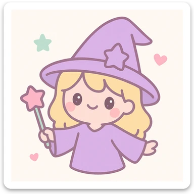 sweet wizard girl, blonde hair, purple wizard hat, enchanting and playful, cute and whimsical sticker