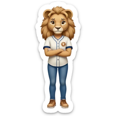 determined anthropomorphised female lion in a baseball shirt and jeans with arms folded, confident stance sticker