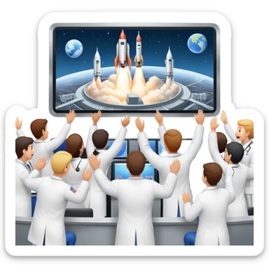 cheering mission control room with big screen showing successful rocket launch sticker