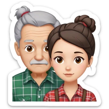Old man grey hair plaid shirt brunette girl bun sticker