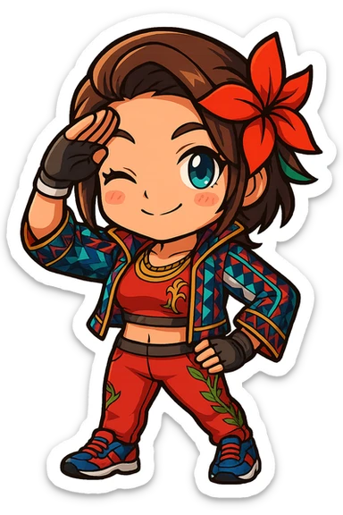 Azucena from Tekken 8 in chibi sticker style, giving a salute, wearing the detailed red and patterned outfit from the reference images, designed for Twitch emote use. sticker