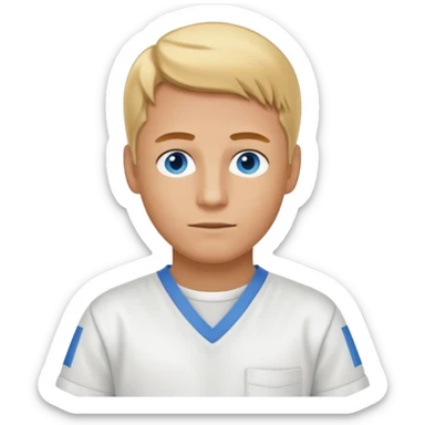 Phillip Morris with golden blonde hair, blue eyes, white inmate outfit sticker