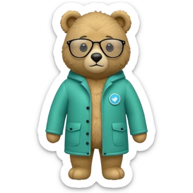 Quiero un emoji que sea un osito como de osito de peluche pero que tengo un abrigo de esos súper cool que son nuevos ahorita que sea verde así azul verdoso que sea superdoso y que sea y que tenga lentes de sol negros y con los bracitos del osito dentro del abrigo sticker