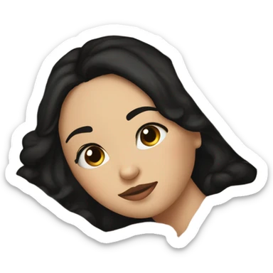 white girl with short black hair laying in a big bed with a beige comforter  sticker