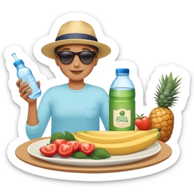 A person under the sun, with a plate of whole foods, water bottle, and glowing bed behind them. Nearby, smiling friends gather—symbolizing balance, healing, and connection through simple daily rituals. sticker