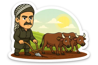 Edit the cartoon sticker so that the man is wearing the same traditional Kurdish clothing as shown in the right-side character: dark striped jacket, shirt, sash, and patterned headscarf. Keep the rest of the sticker exactly the same with the same pose, cows, plow, and background. Maintain the vibrant and cheerful style with a transparent background. sticker