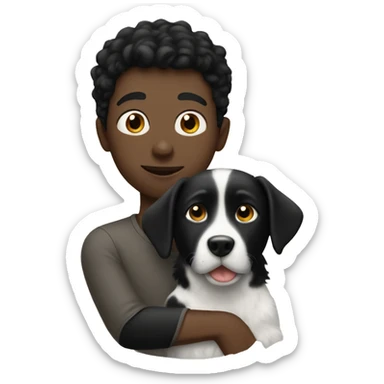 black haired white boy holds a black dog sticker
