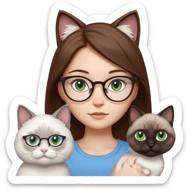O fata cu parul saten cu ochii griji-albastrii ,ochelari și codițe de pisica ..și langa o pisicuță alba pufoasa ,cu ochii verzi și o a doua pisica siameza pufoasa cu capul maro -negru și coada ,restul corpului un maro deschis spre alb  , ochii albaștrii  sticker