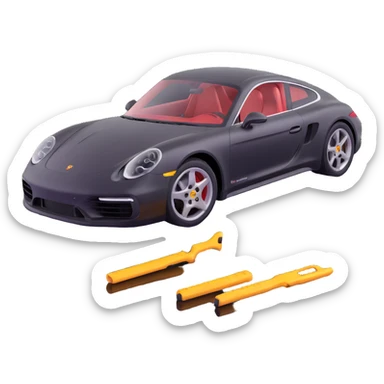 Porsche luxury car with a visible dent from a crash, dent repair tools like a lever and small hammer, elegant and modern sticker