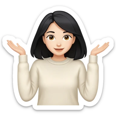 A woman with longer black hair, light to medium skin tone, full cheeks, and almond-shaped eyes, wearing a simple white sweater, joyful and radiant expression, cheerful. sticker