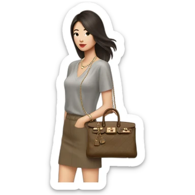 brunette Asian girl with Birkin bag and Chanel necklace sticker