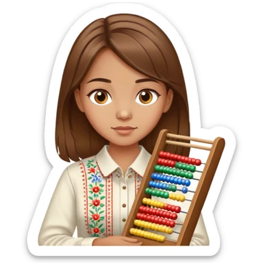 A Ukrainian girl with brown hair in an embroidered shirt holds an Abacus sticker