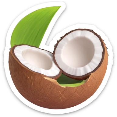 3D emoji style half coconut with white flesh visible, simple and expressive sticker